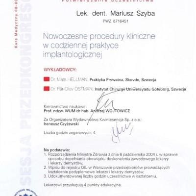 Nowoczesne procedury kliniczne w codziennej praktyce implantologicznej - certyfikat Mariusz Szyba