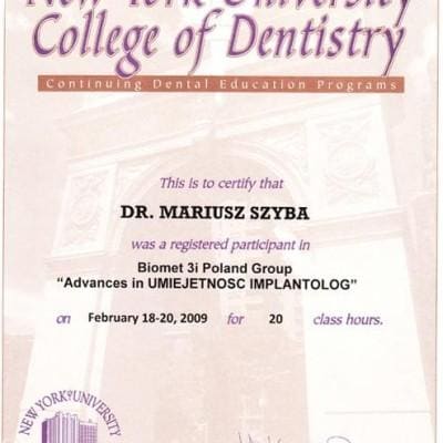New York University College of Dentistry Certyfikat Mariusz Szyba