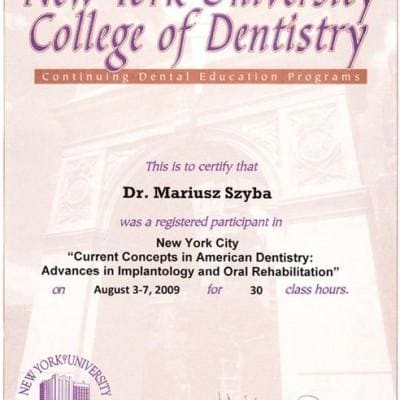 Certyfikat New York University Dentistry Mariusz Szyba