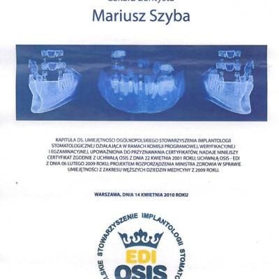 certyfikat z implantologii Mariusz Szyba